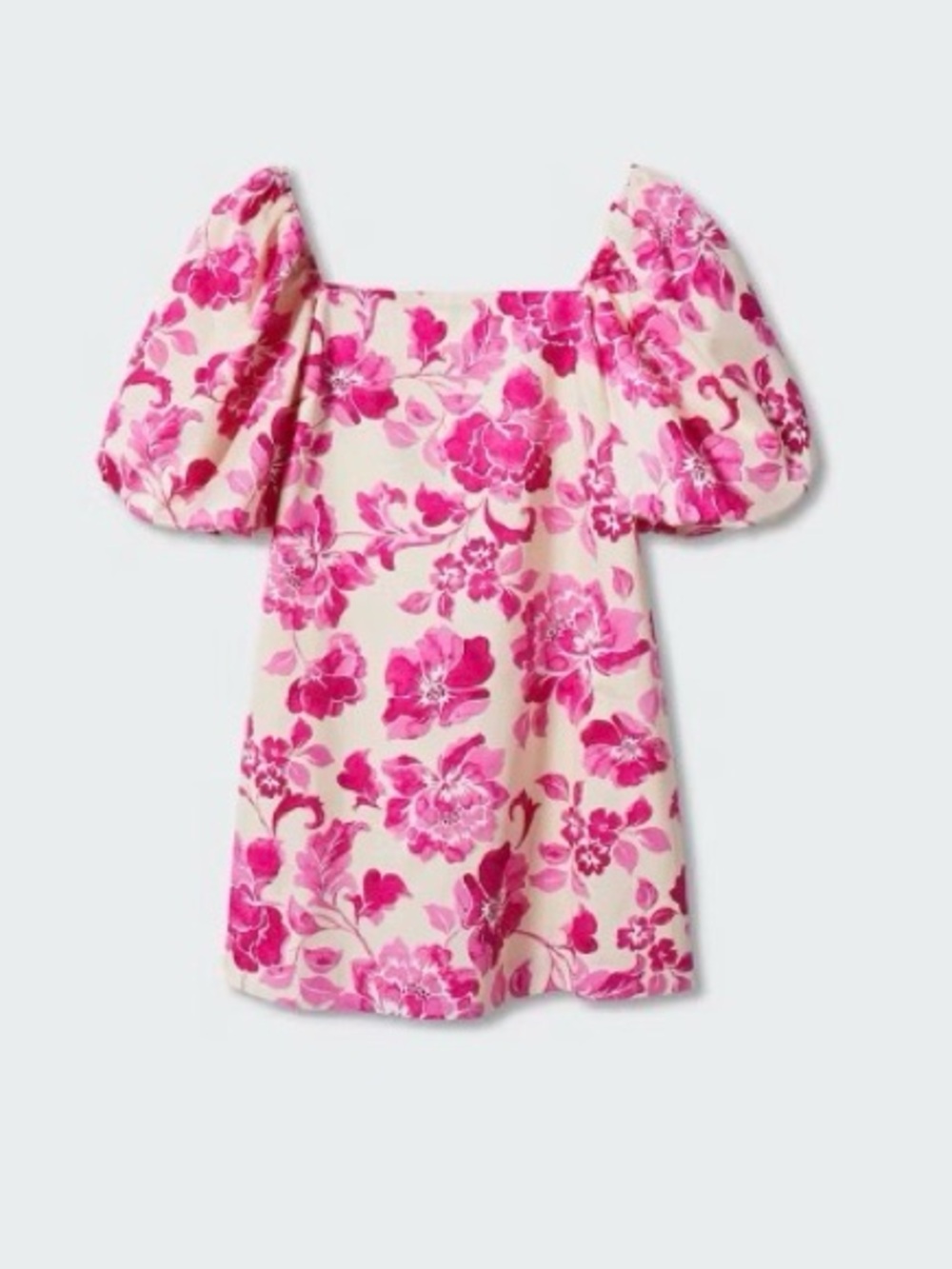 Mango Macarena Puffed Sleeves Short Dress Floral Mini Dress Pink & Cream Medium